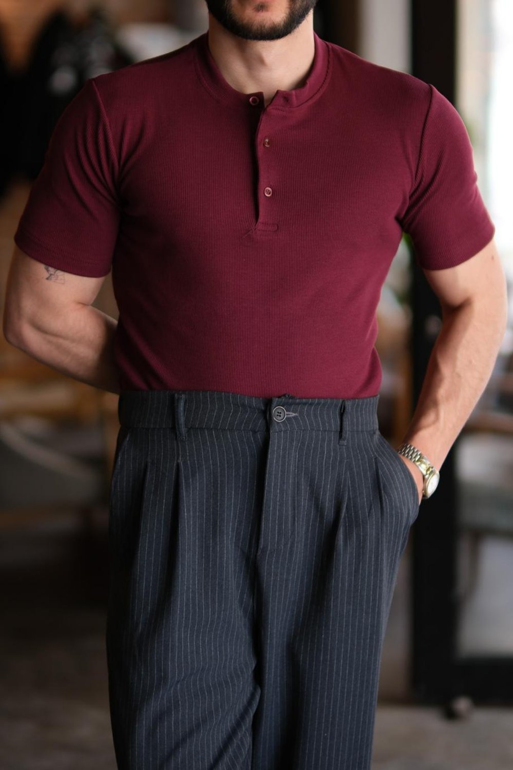Roventi Henley Yaka Pamuklu Old Money T-shirt Bordo