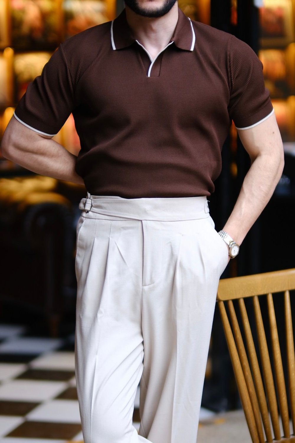 Scallini Old Money Fitilli Polo Yaka T-Shirt Kahverengi