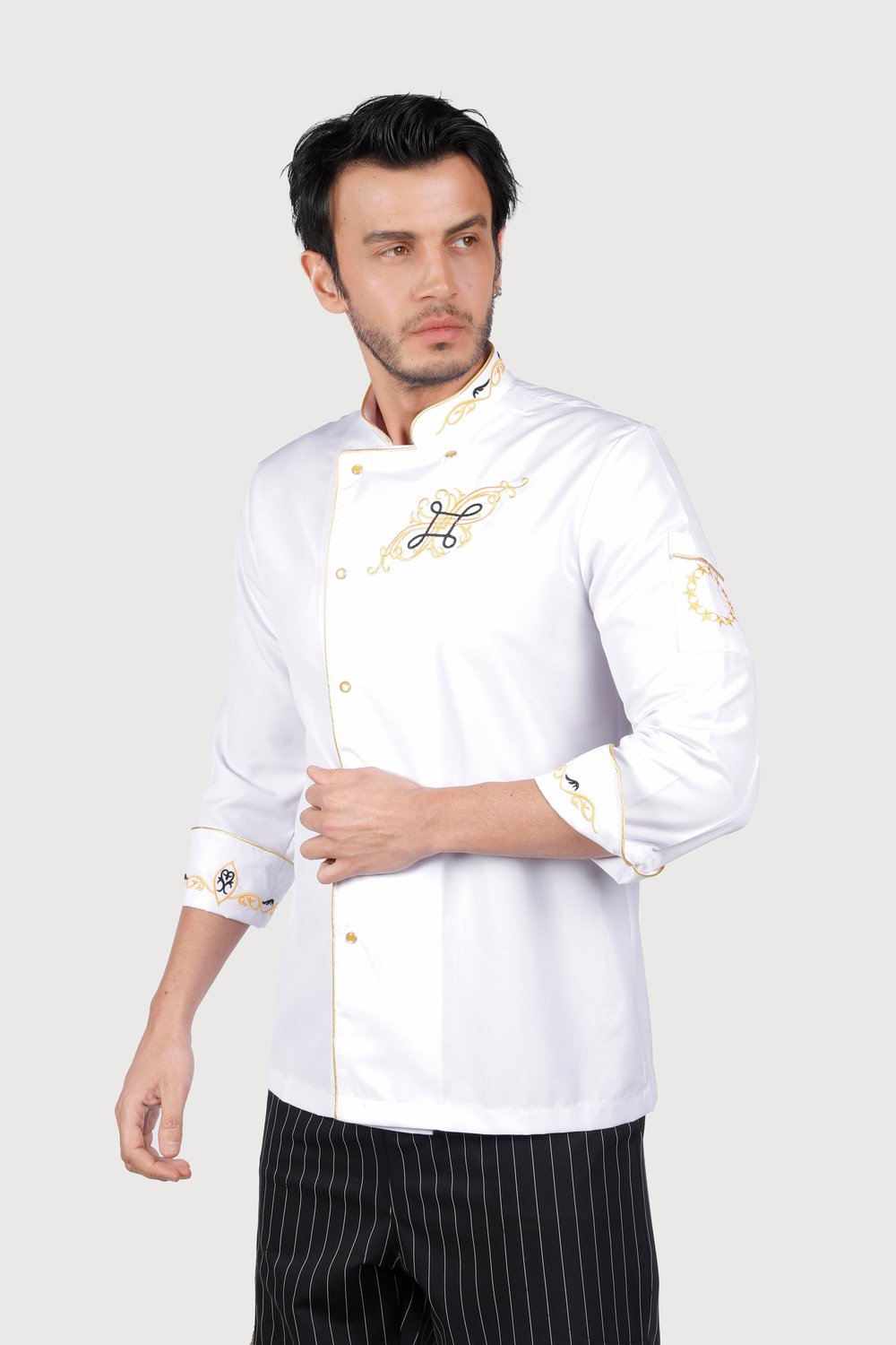 Beyaz Gold Biyeli Sarı Motifli Chef Ceket
