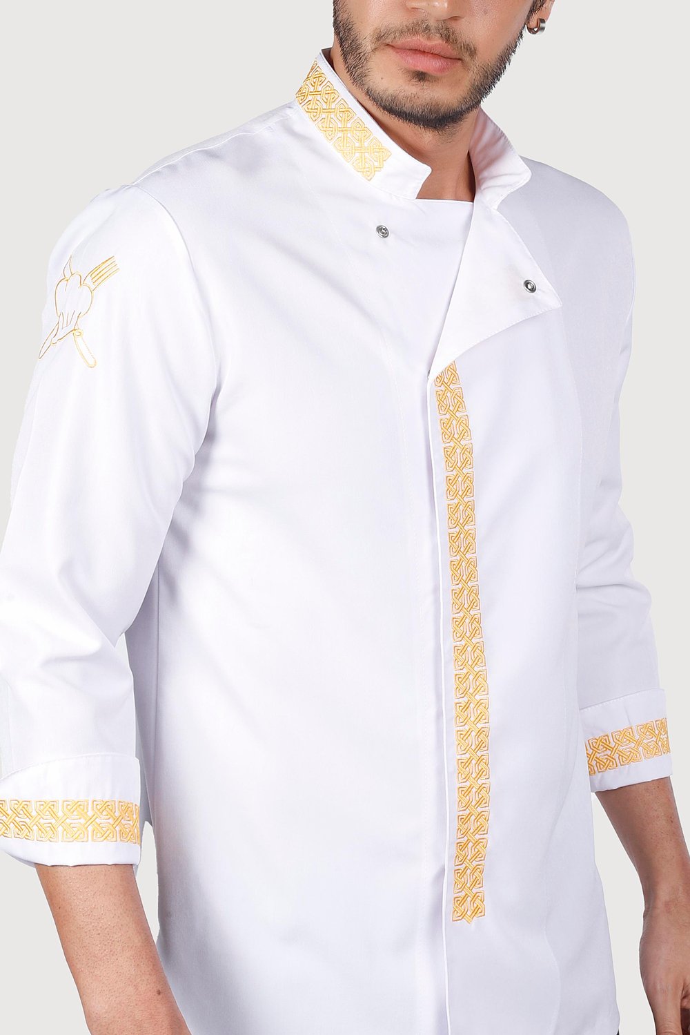 Hasır Desen Beyaz Gold Nakışlı Chef Ceket