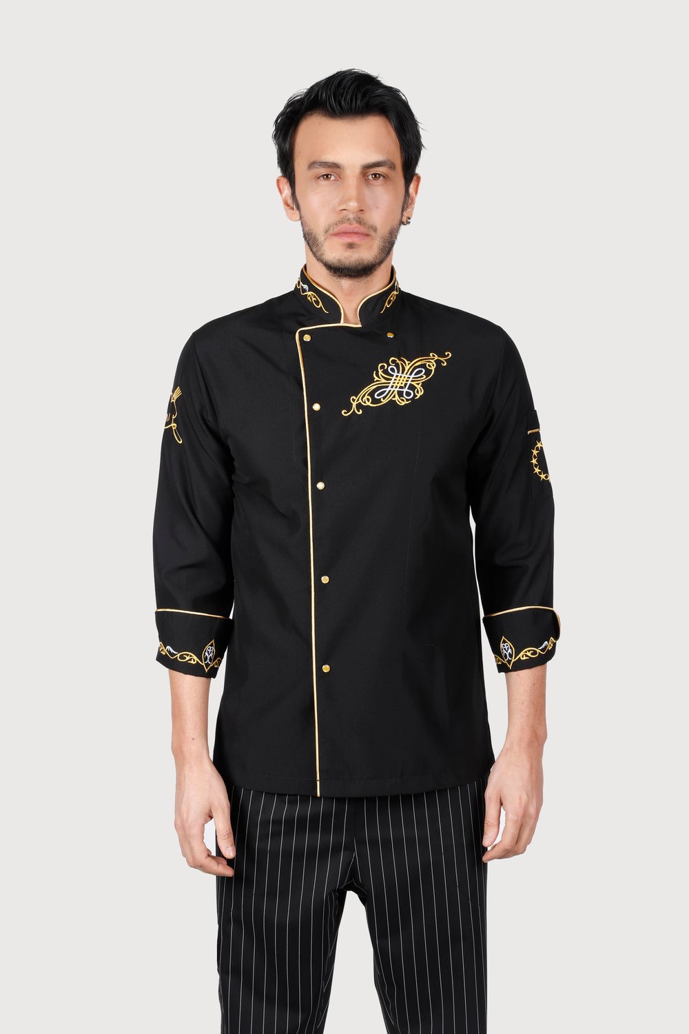Siyah Gold Biyeli Sarı Motifli Chef Ceket