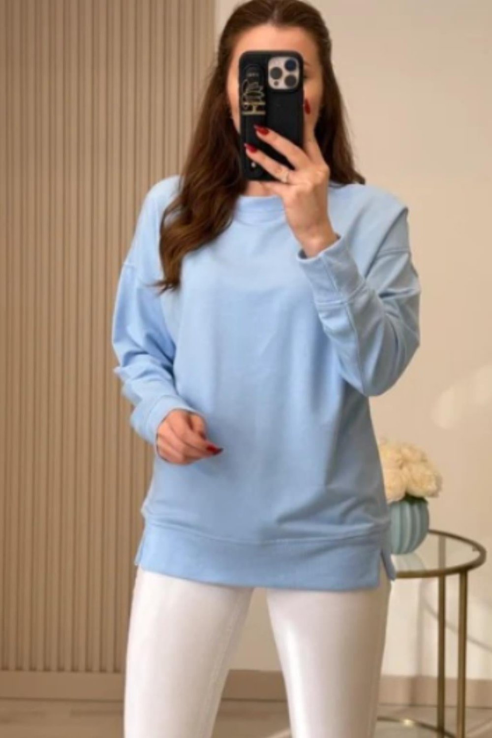 AÇIK MAVİ DÜŞÜK OMUZ UZUN KOL BASIC SWEATSHIRT
