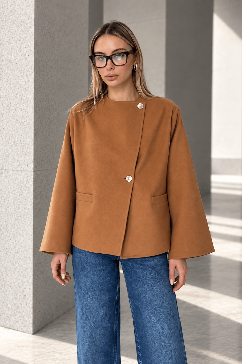 BEJ OVERSIZE KISA KAŞE CEKET