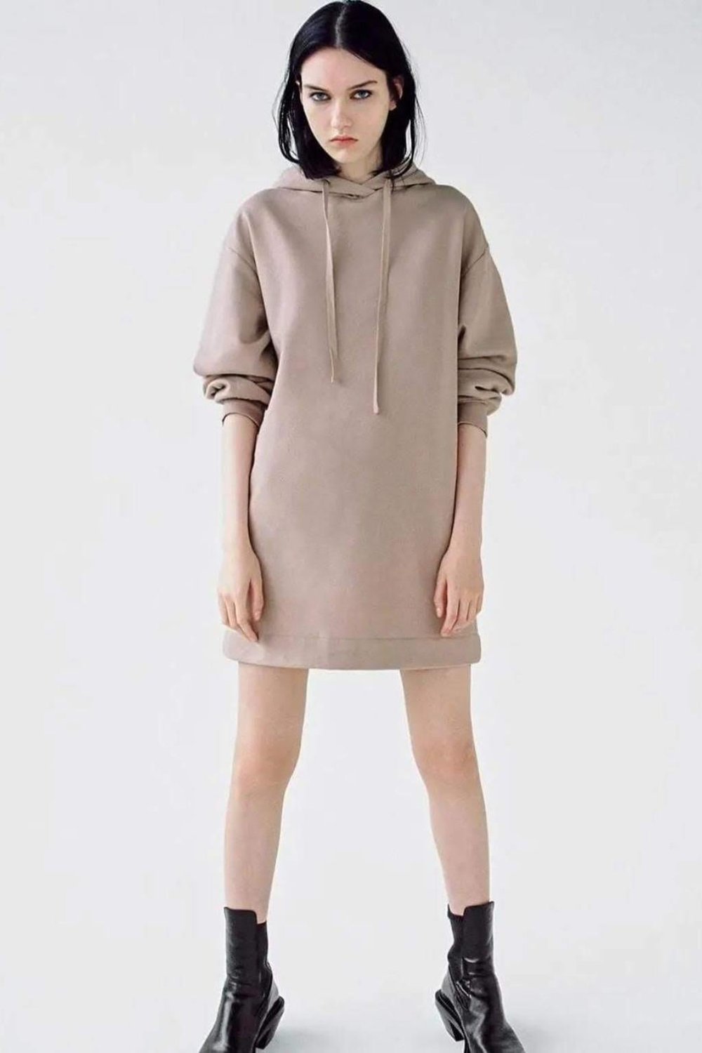 ORJ MARKA BEJ KAPÜŞONLU SWEATSHIRT MİNİ ELBİSE