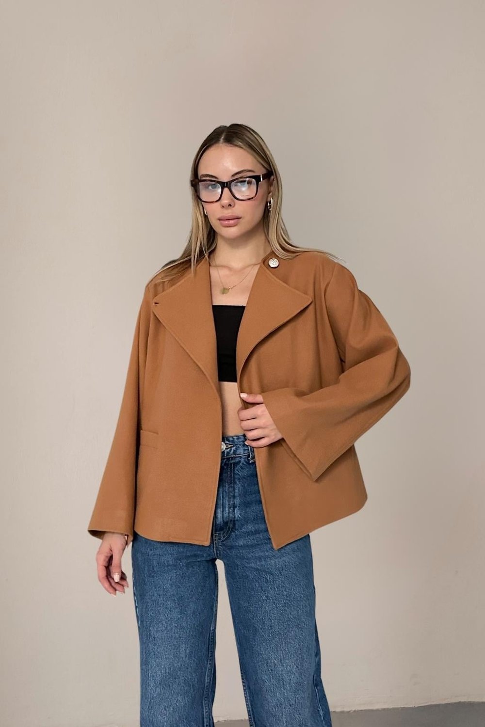 RİGALA BEJ OVERSIZE KISA KAŞE CEKET