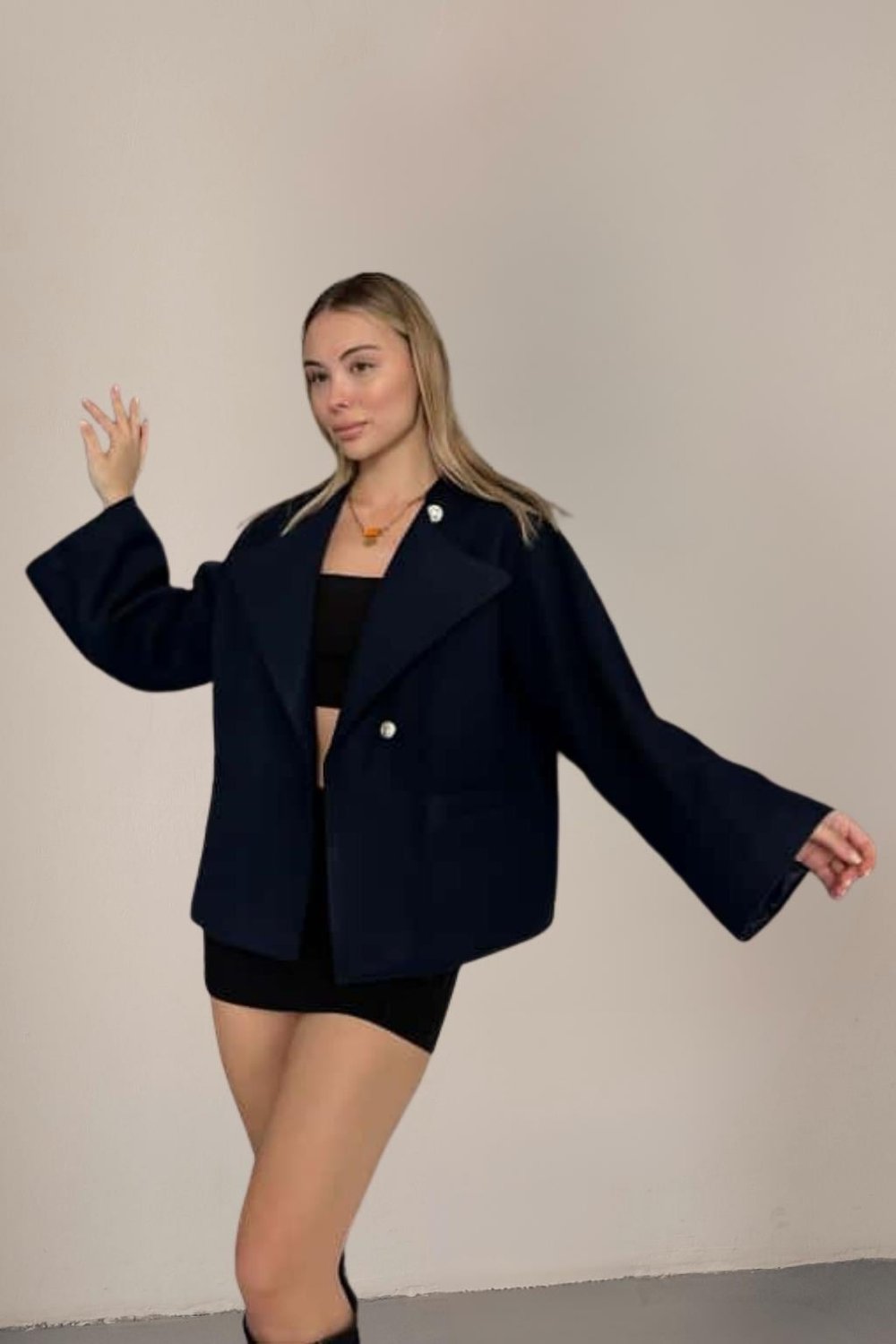 RİGALA LACİVERT OVERSIZE KISA KAŞE CEKET