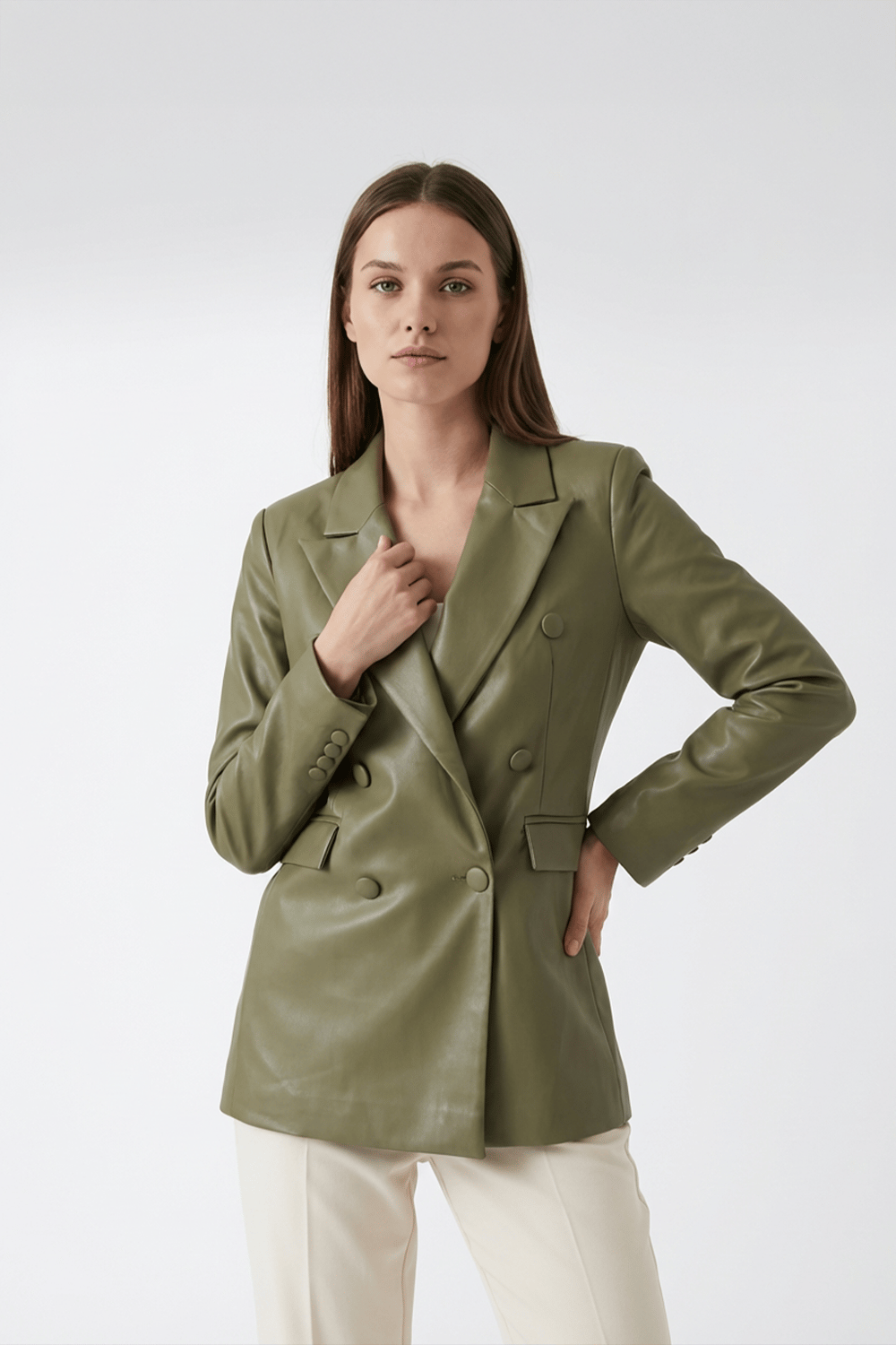 YEŞİL SUNİ DERİ BLAZER CEKET