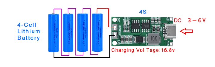 4S 2A Type-C Çok Hücreli 18650 Lityum Pil Şarj Modülü (8.4V / 12.6V / 16.8V)