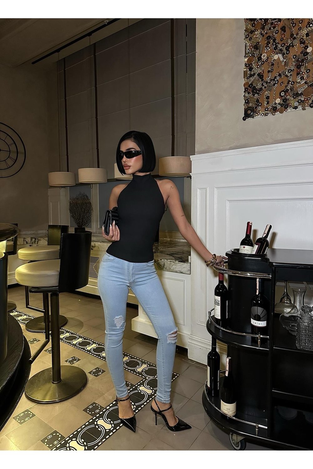 Kadın Buz Mavi Yüksek Bel Likralı Diz Lazer Yırtık Skinny Dar Paça Jean