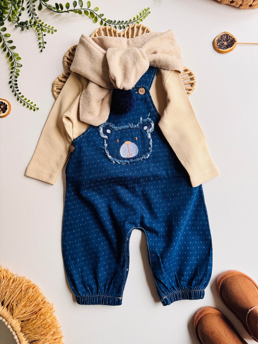 Ayıcıklı Denim Salopet - Atkı Hediyeli