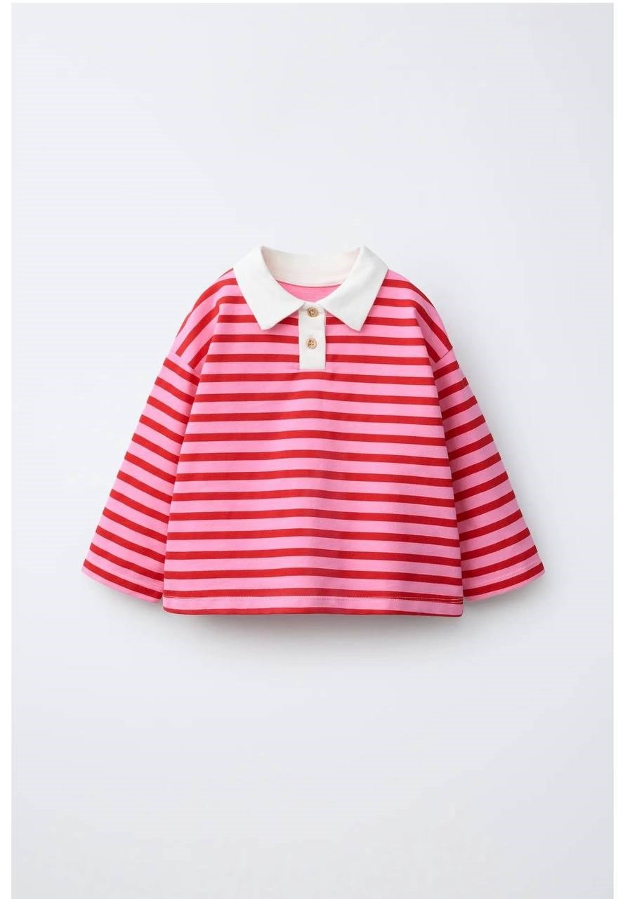 Çizgili Yakalı Sweatshirt - Kırmızı Pembe