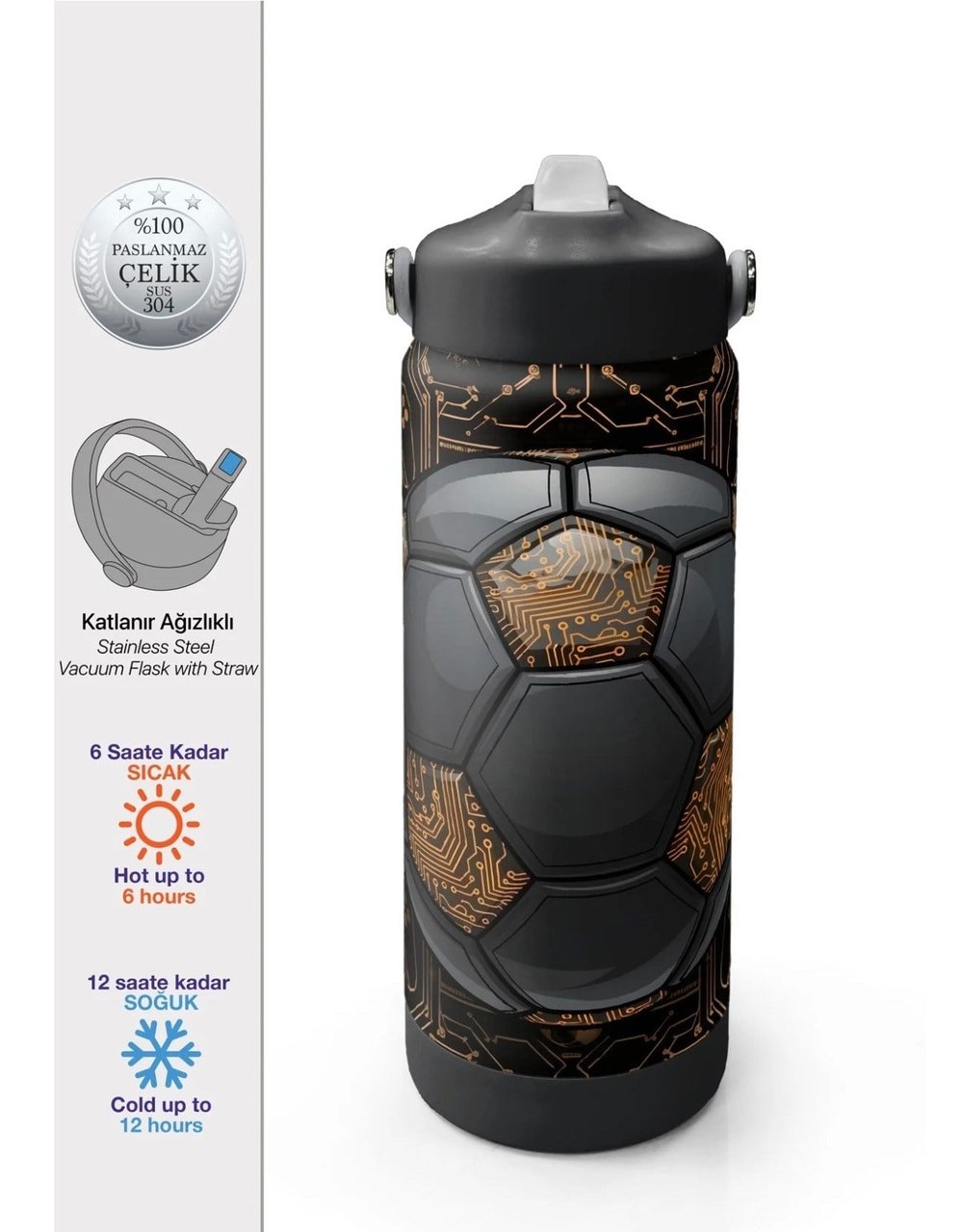 Coral High Futbol Desenli Katlanır Ağızlıklı Çelik Termos 650 ml 38317