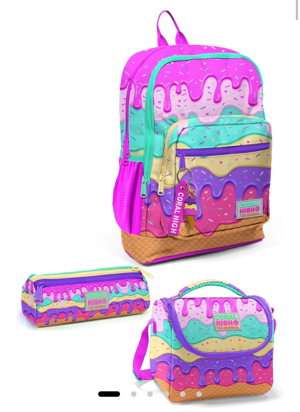 Coral High Kids Pembe Rengarenk Dondurma Desenli 3'lü Okul Çanta Seti SET0123731