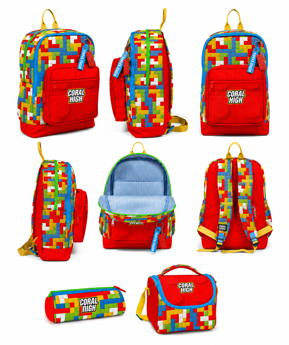 Coral High Renkli Lego Blok Desenli 3 lü Okul Çanta Seti SET0123775
