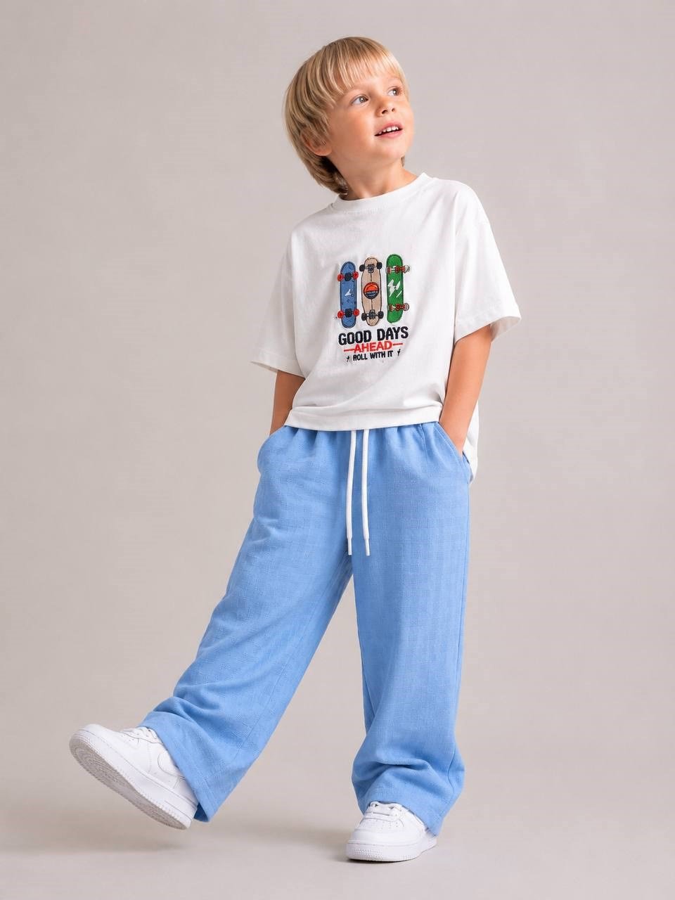 Damalı Kaykay Nakışlı Unisex 2'li Takım - Mavi