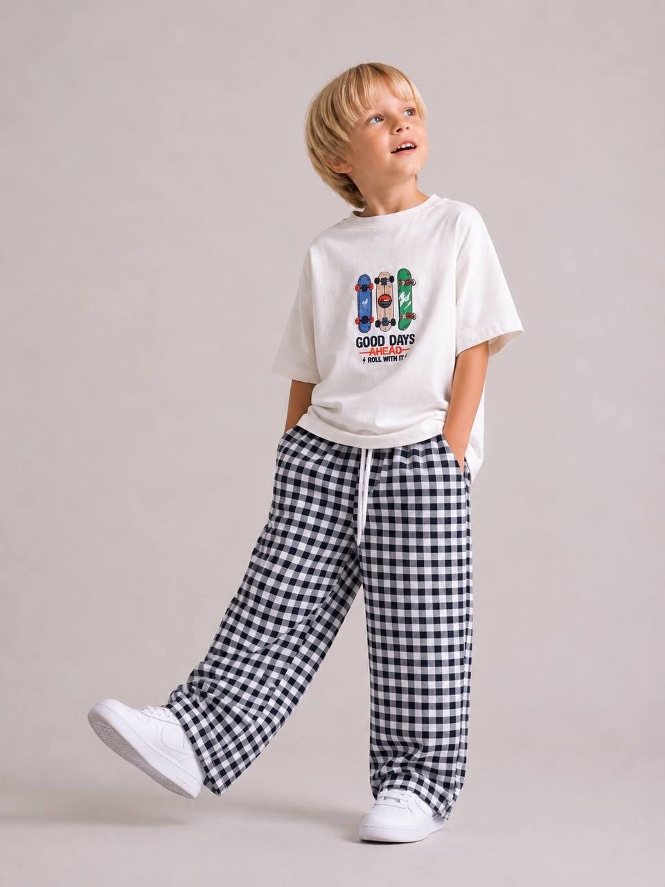 Damalı Kaykay Nakışlı Unisex 2'li Takım - Antrasit