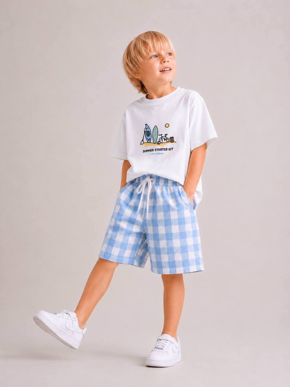 Damalı Şortlu Unisex 2'li Takım - Mavi