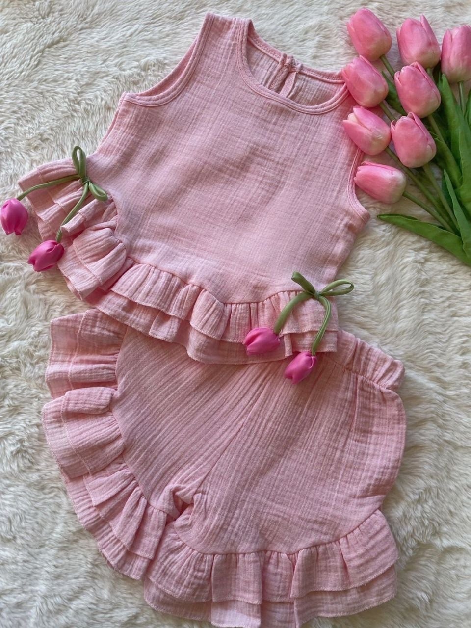 Fırfır Detaylı Lale Aplikeli Kız Çocuk 2'li Takım - Pembe