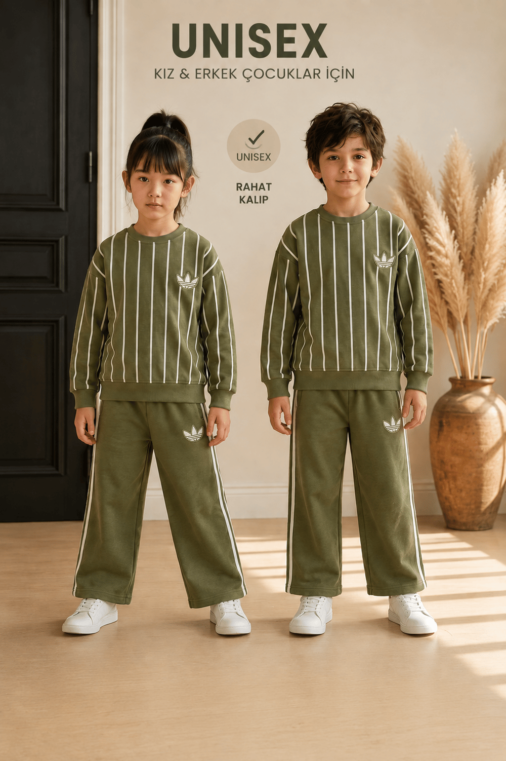 Logolu Çizgili Yeşil Unisex Çocuk 2'li Takım