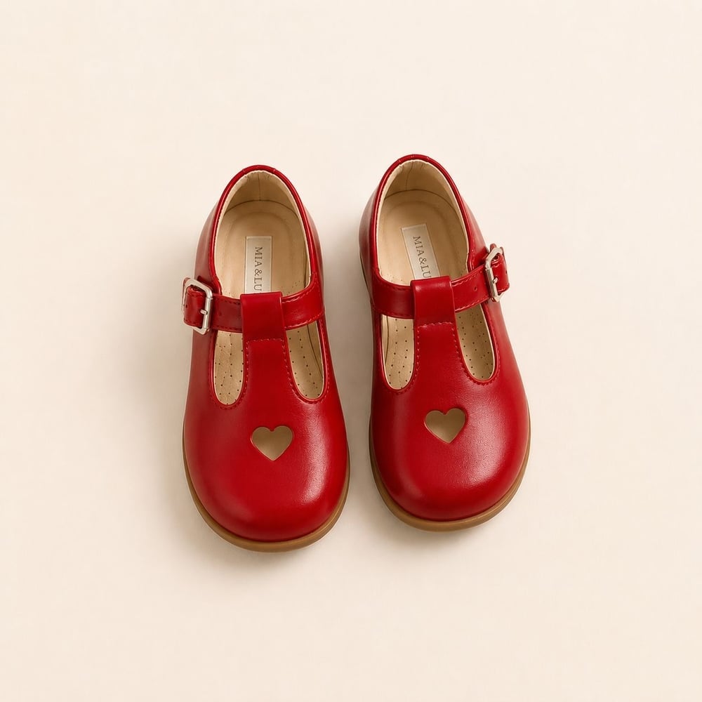 Mat Deri Kalp Pencere Detaylı Mary Jane Ayakkabı -  Kırmızı