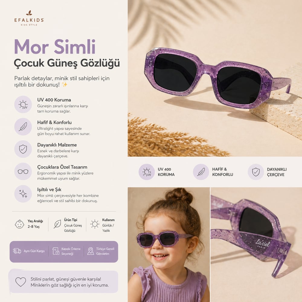 Mor Simli Çocuk Güneş Gözlük