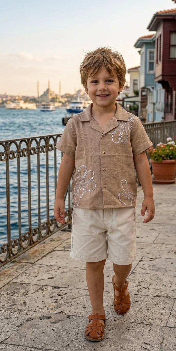 Nakış Detaylı Keten Takım - Kahve