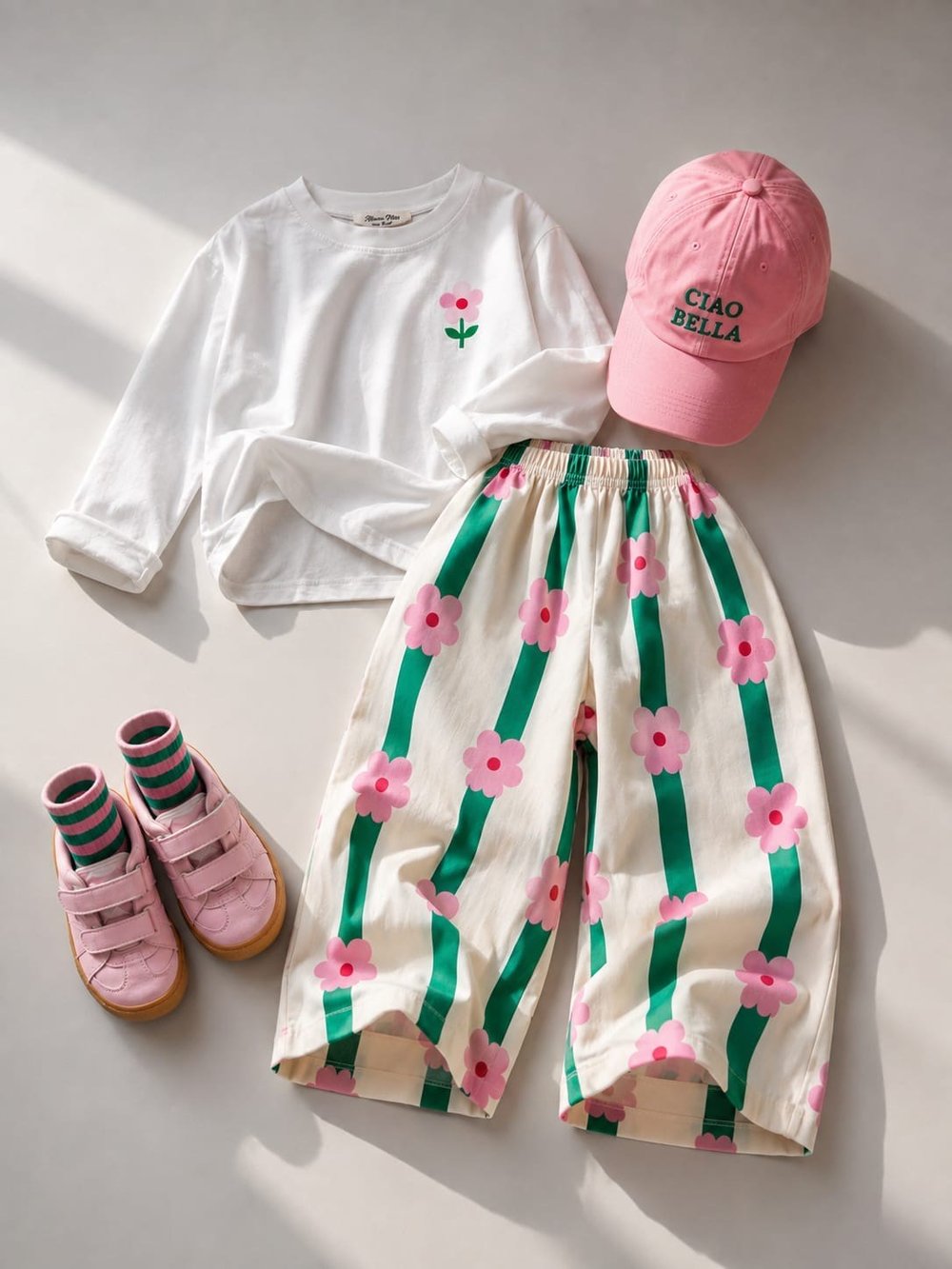 Pembe Çiçekli Kız Çocuk Pantolon Takım