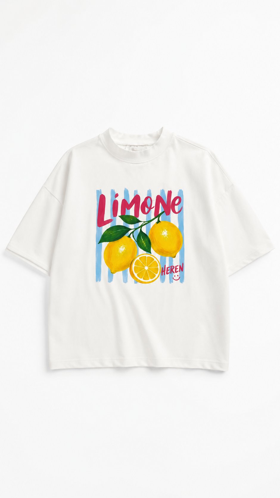 Unisex  Lemon Baskılı Oversize Tshirt  - Ekru