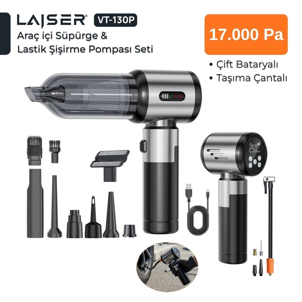 Laiser VT-130 17.000Pa 4 In 1 Pompa Özellikli Yedek Bataryalı Araç İçi süpürge 