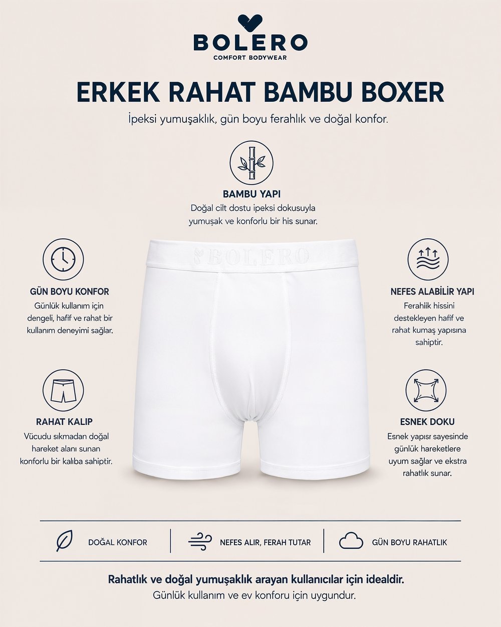  Erkek Bambu Boxer Beyaz 