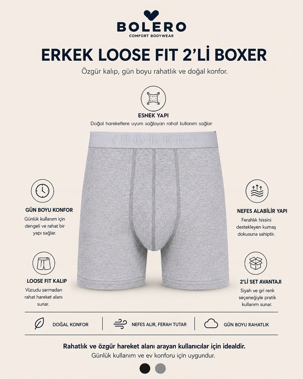  Erkek Loose Fit 2li Boxer Siyah Gri 