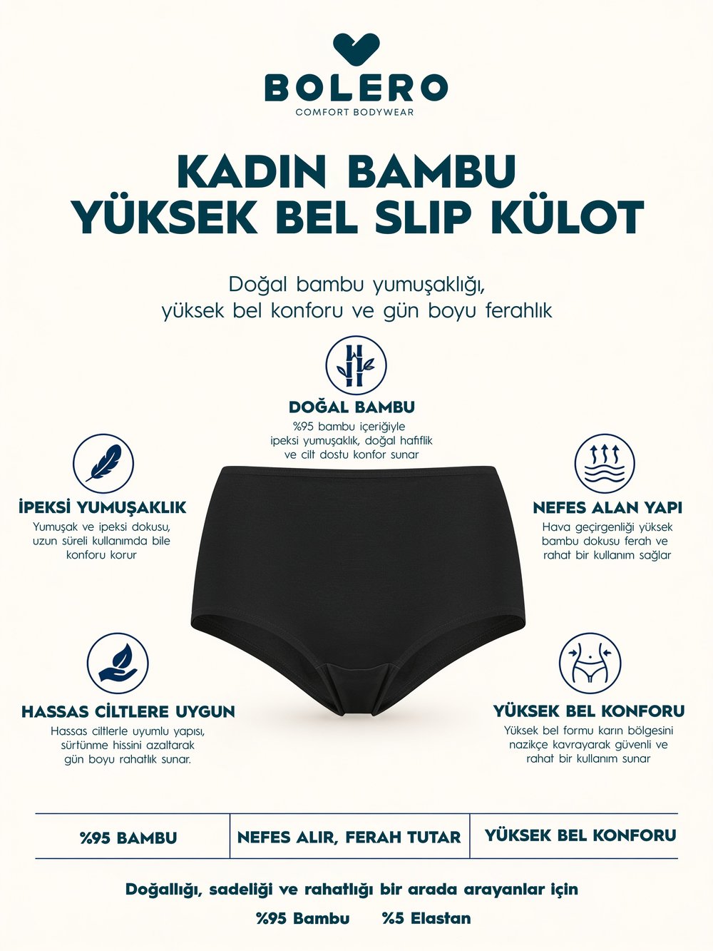  Kadın Bambu Yüksek Bel Slip Külot Siyah