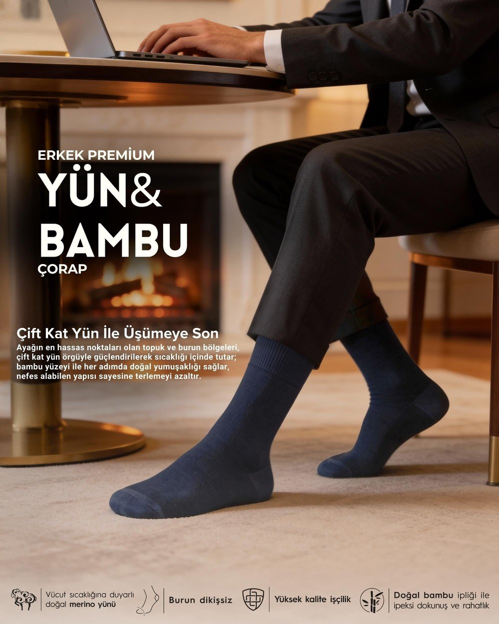 Erkek Premium 12li Yün Bambu Çorap Lacivert