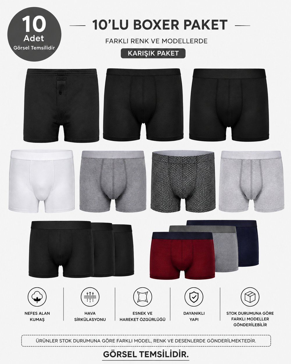 Erkek 10'lu Boxer Karışık M02