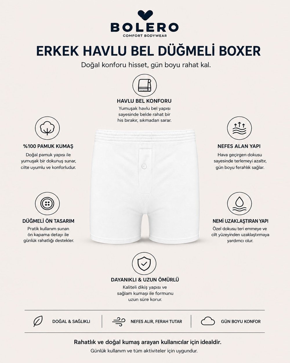 Erkek Havlu Bel Düğmeli Boxer Beyaz