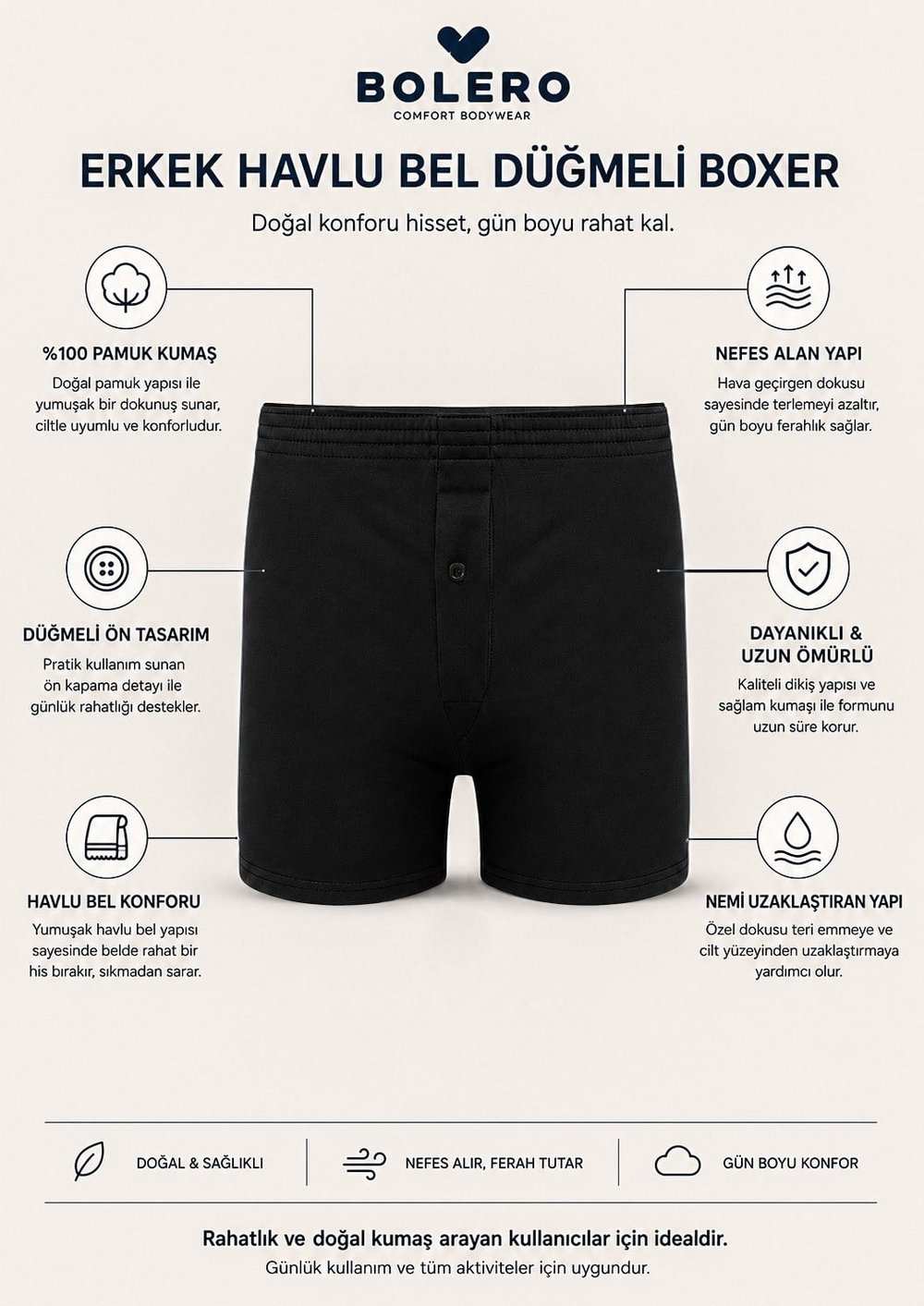 Erkek Havlu Bel Düğmeli Boxer Siyah
