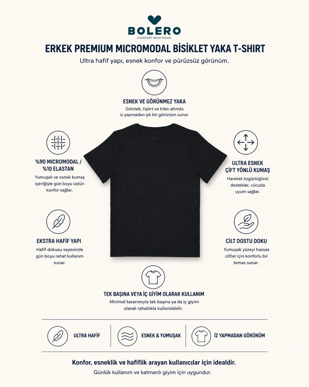 Erkek Premium Micromodal Bisiklet Yaka Fanila  Siyah
