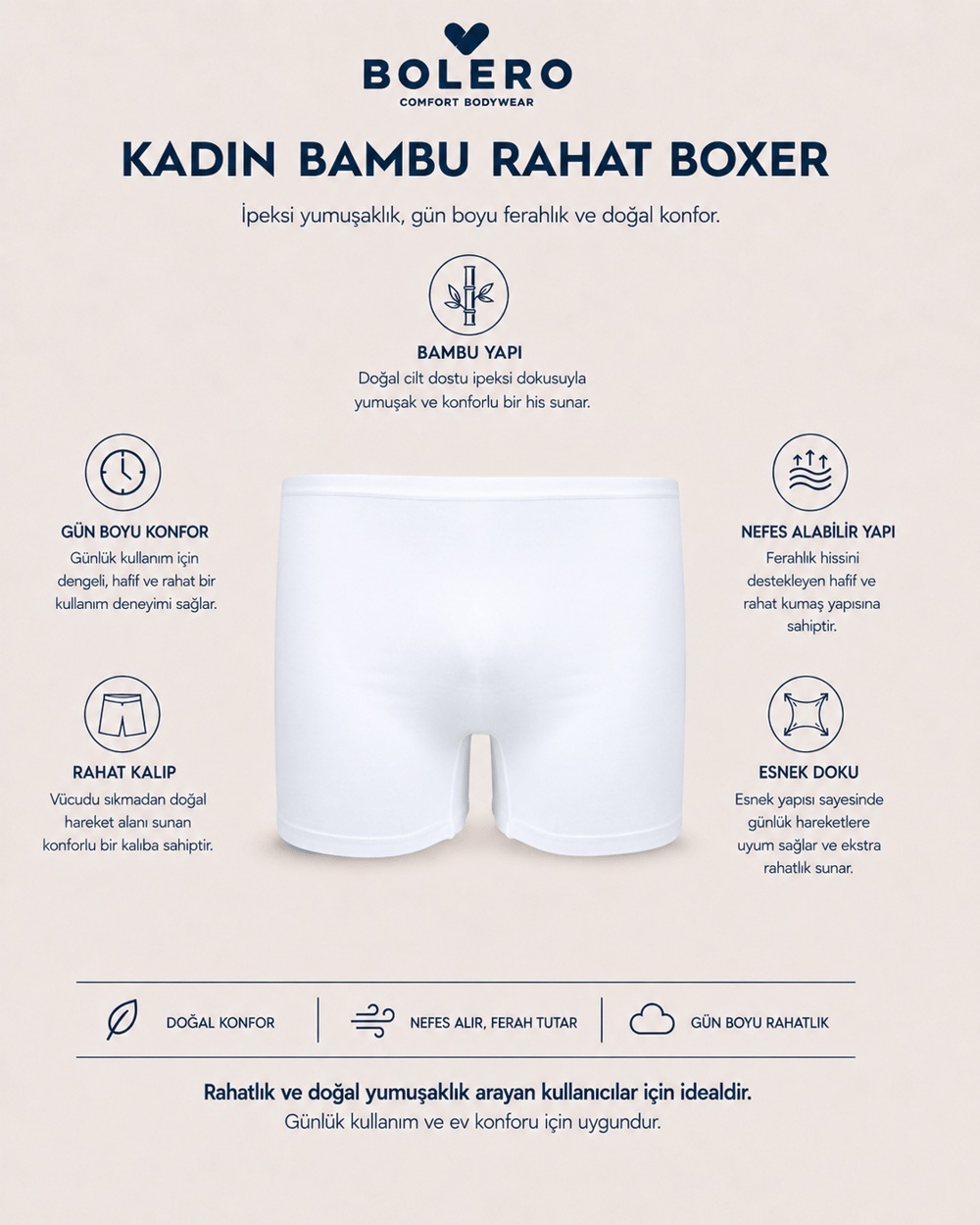 Kadın Bambu Boxer Beyaz