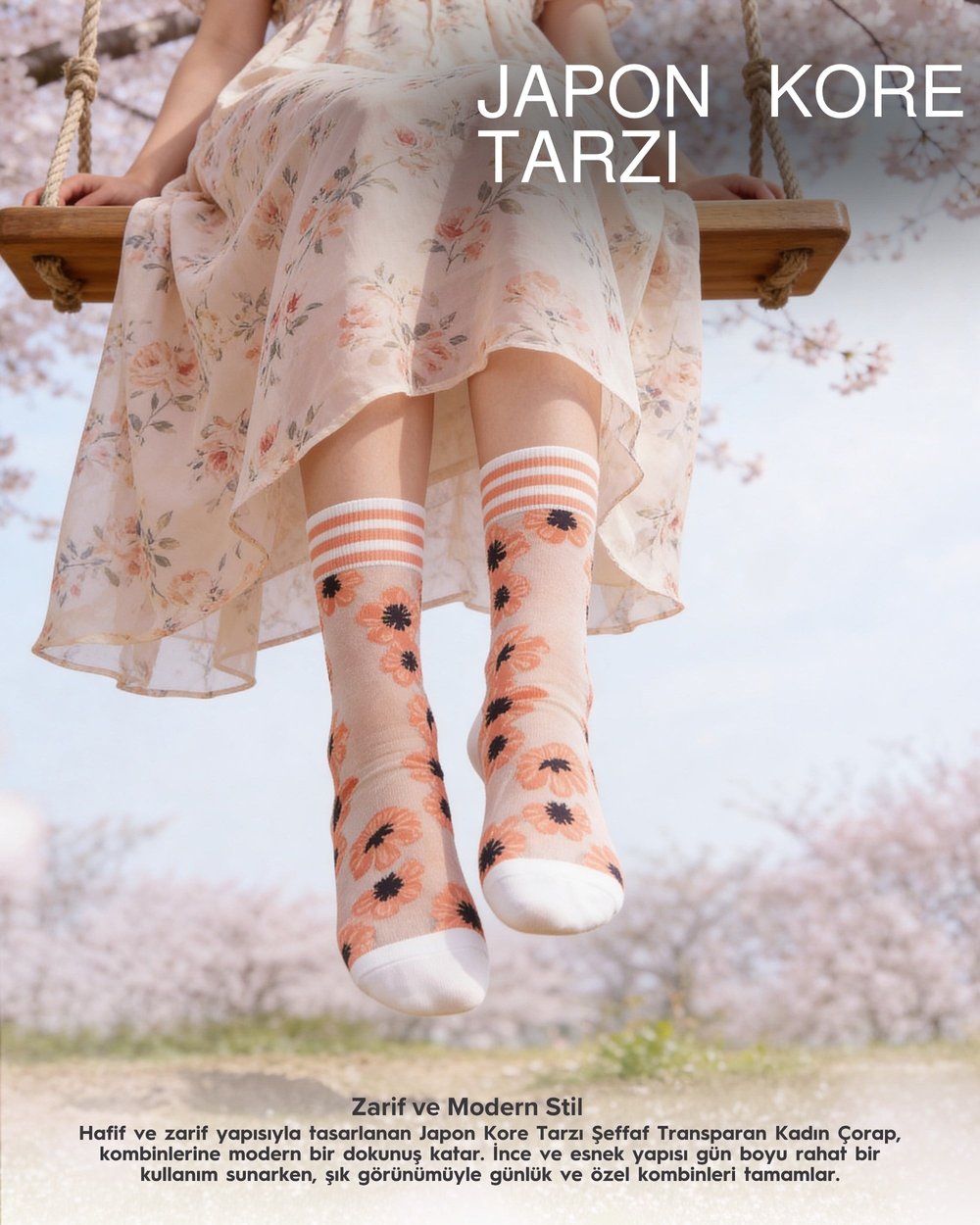 Kadın Japon Kore Tarzı Transparan Çorap Manolya Desen