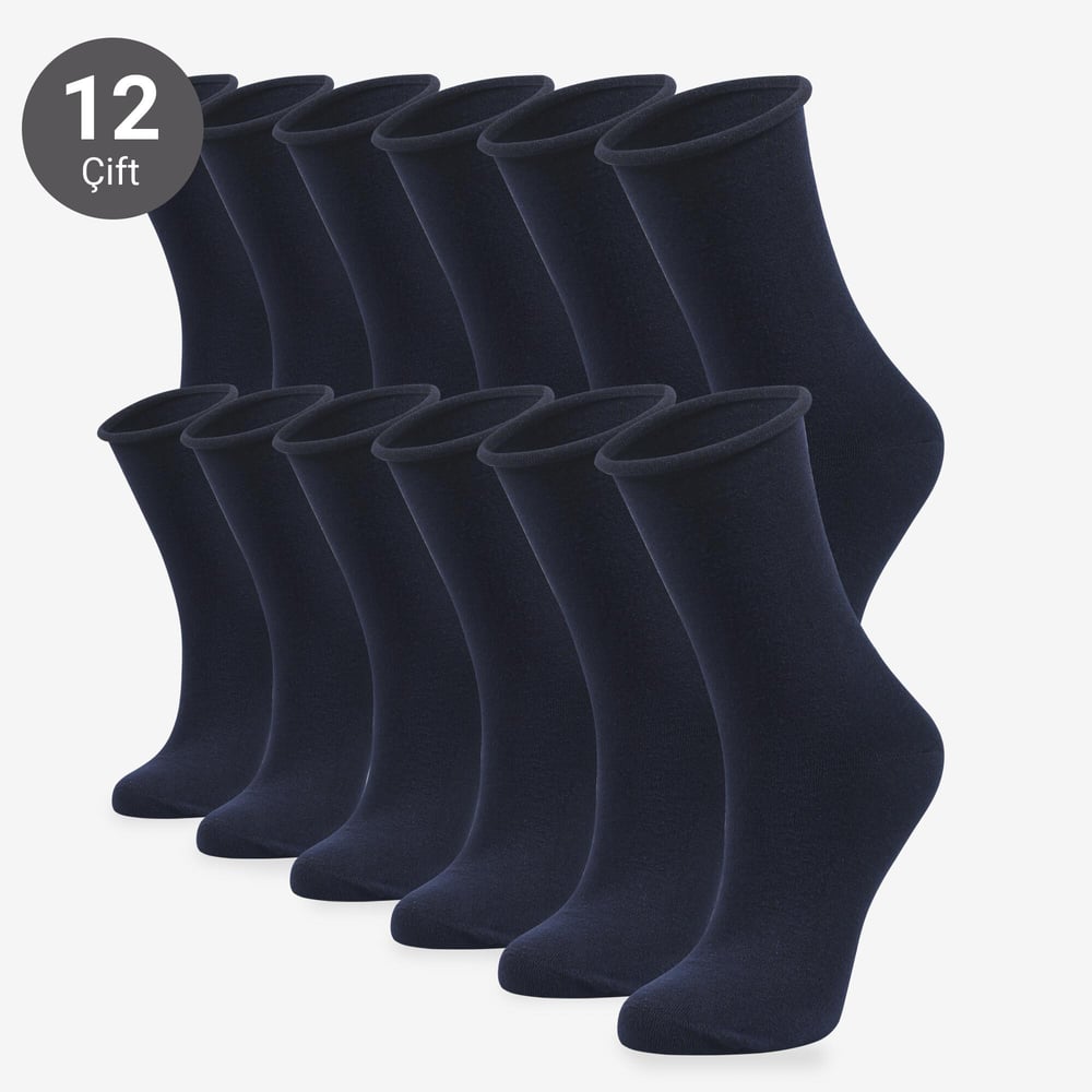 Toptan 12li Roll Top Lastiksiz Kadın Lacivert Bambu Soket-B11