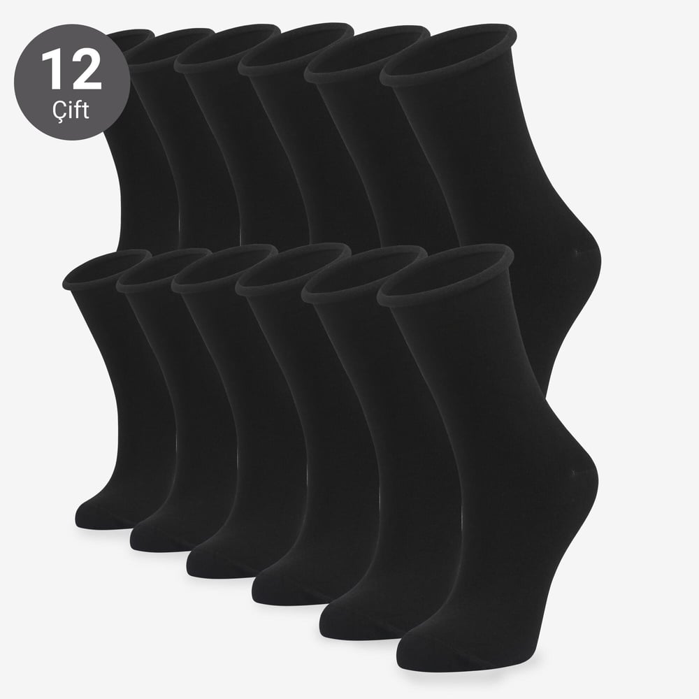 Toptan 12li Roll Top Lastiksiz Kadın Siyah Bambu Soket-B11