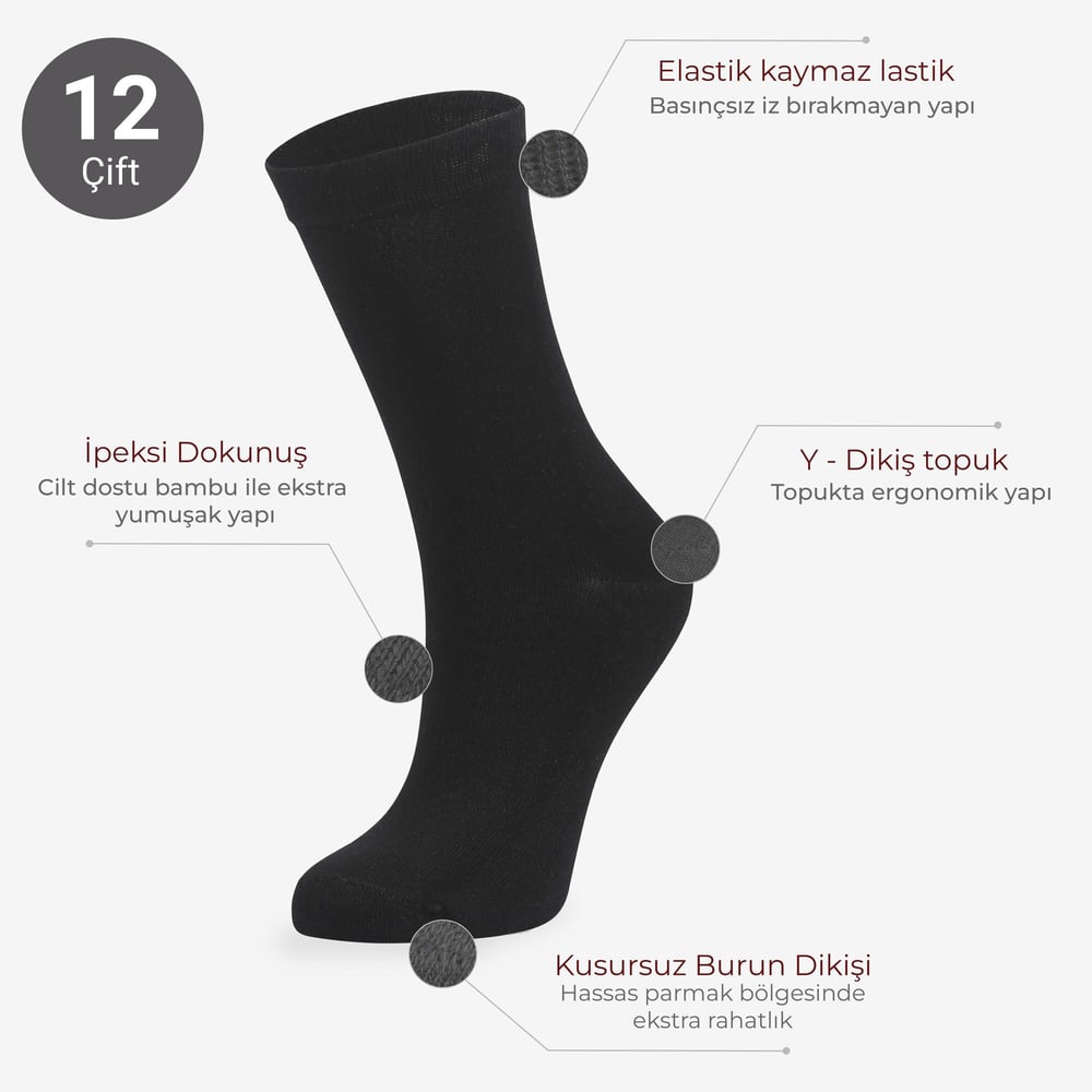 Toptan Kadın 12li Bambu Siyah Çorap-B12