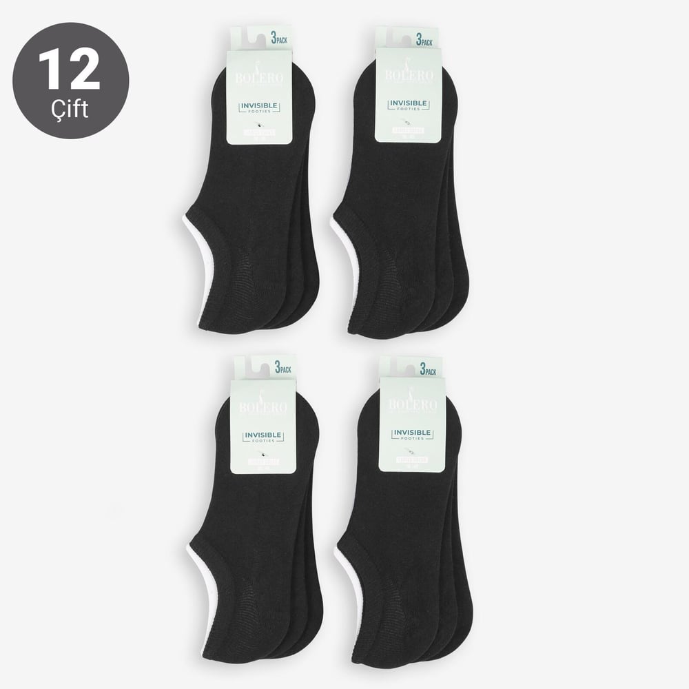 Toptan Kadın 12li Pamuklu Sneakers Çorap Siyah-B74