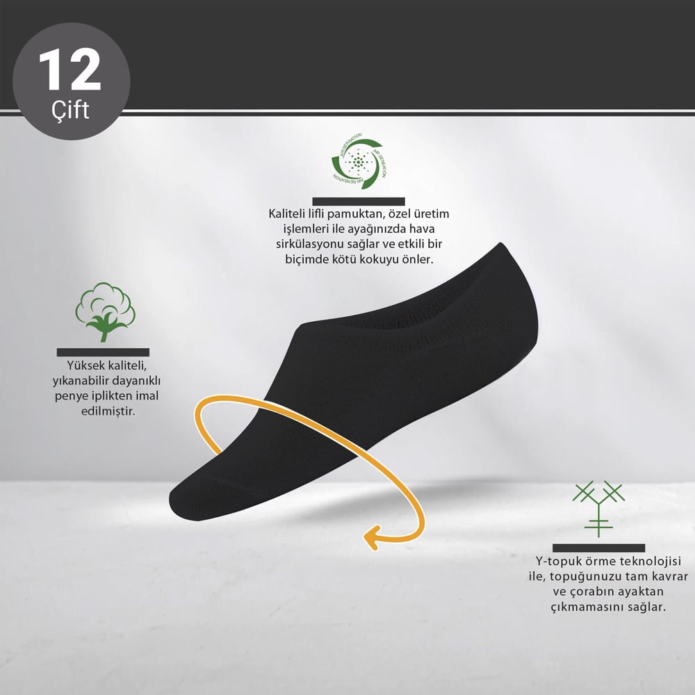 Toptan Kadın 12li Pamuklu Sneakers Çorap Siyah-B74