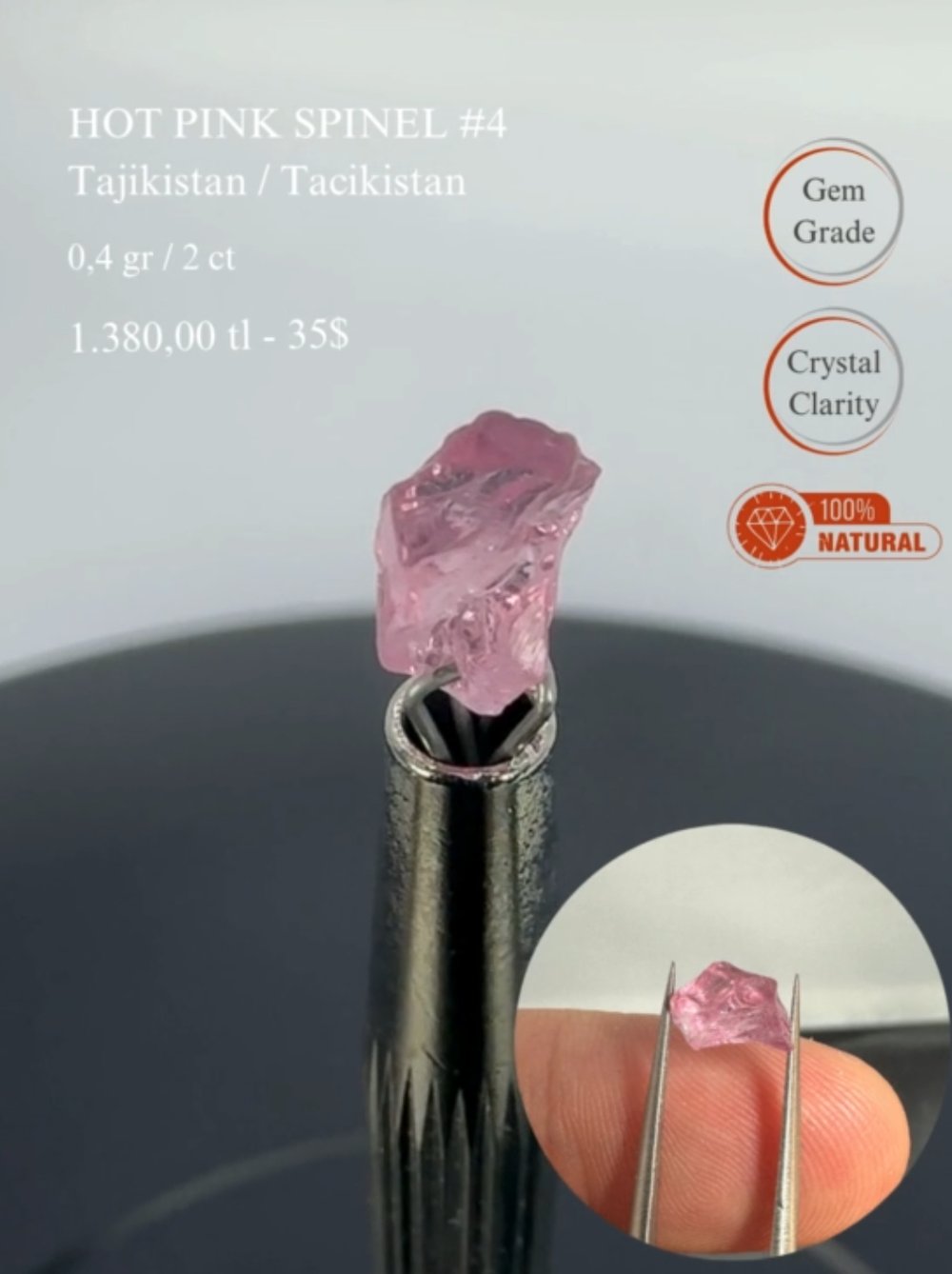 PEMBE KRİSTAL SPİNEL 0,4 GR.