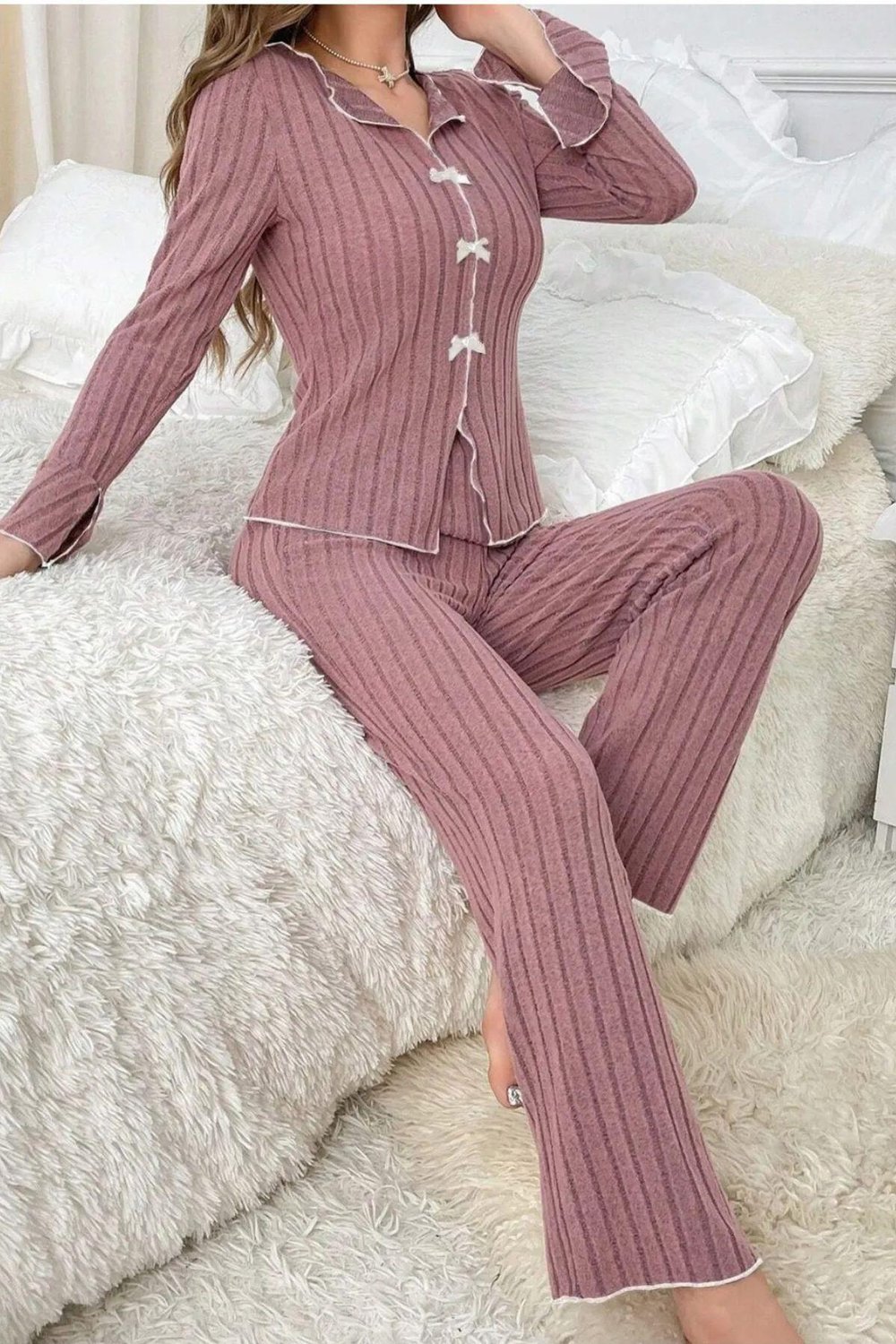 Bella Notte Gül Kurusu Kurdale Detaylı Uzun Kollu Pijama Takımı 7159