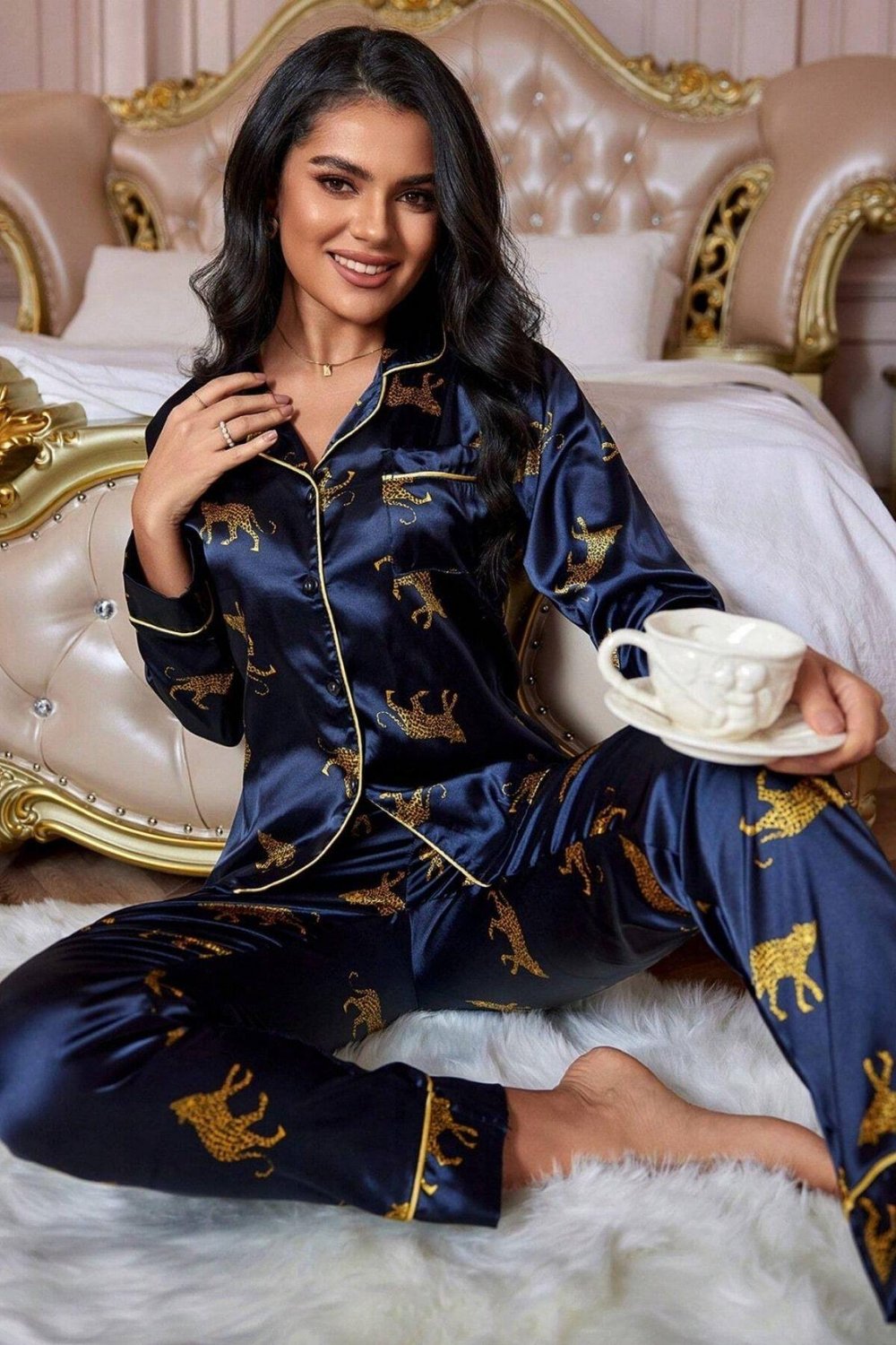 Bella Notte Lacivert Leopar Figürlü Saten Pijama Takımı 7073