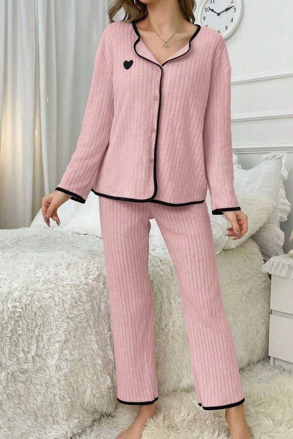Bella Notte Bej Kalp Detaylı Biyeli Pijama Takımı 77013