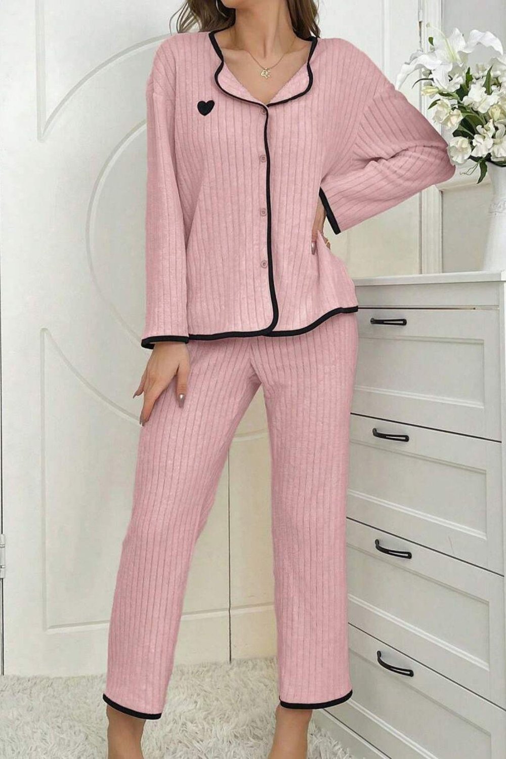 Bella Notte Bej Kalp Detaylı Biyeli Pijama Takımı 77013