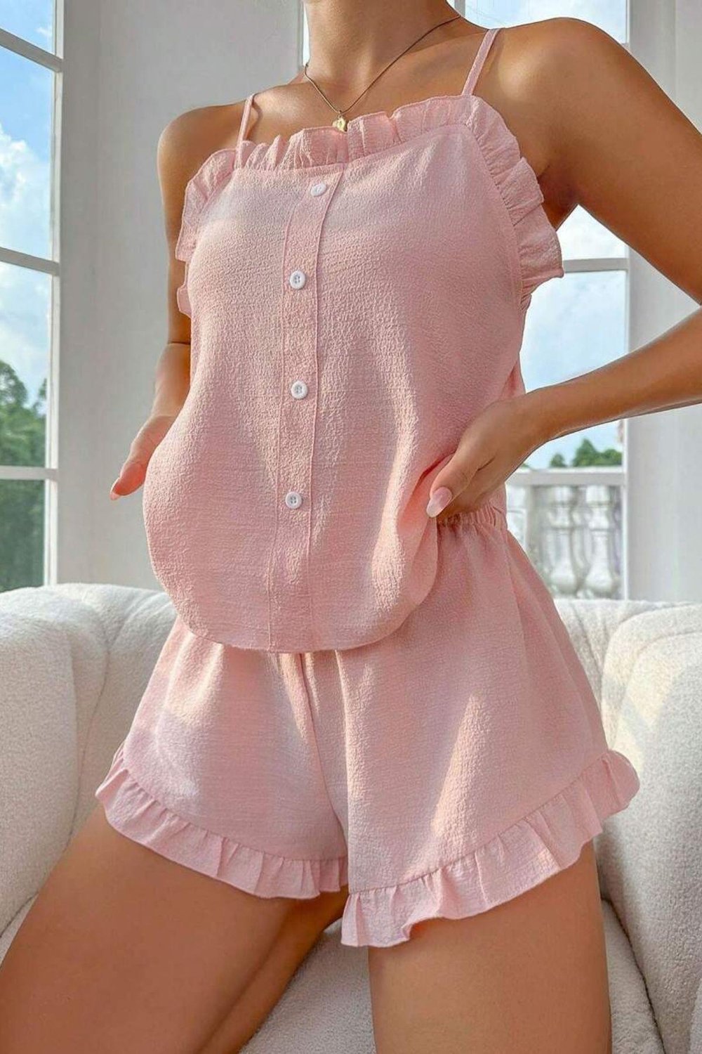 Bella Notte Toz Pembe Fırfır Yakalı Askılı Şort Takım 7727
